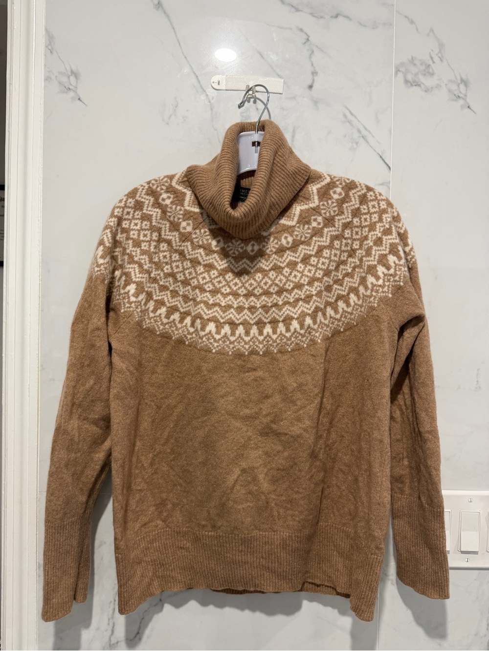 Charter Club cashmere luxury Camel Turtleneck with White Fair Isle Yoke